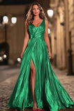 Green A-Line Metallic V-Neck Pleated Formal Dress With Slit