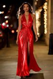 Red Halter Metallic Ruched Formal Dress Wth Slit