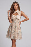 Sparkly Champagne Keyhole A Line Beaded Short Homecoming Dress with Bow