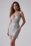 Sparkly Grey Blue Halter Beaded Backless Tight Short Homecoming Dress with Fringes