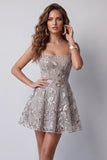 Sparkly Grey Square Neck A Line Floral Beaded Short Homecoming Dress
