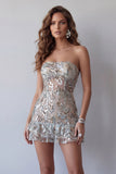 Sparkly Dusty Sage Strapless Beaded Tight Short Homecoming Dress with Ruffles