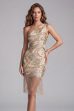 Sparkly Champagne One Shoulder Beaded Tight Short Homecoming Dress with Fringes