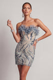 Sparkly Dusty Blue Strapless Beaded Tight Short Homecoming Dress with Ruffles
