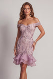 Off the Shoulder Sparkly Lilac Beaded Short Homecoming Dress with Ruffles