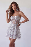 Sparkly Silver Corset A Line Spaghetti Straps Floral Beaded Short Homecoming Dress