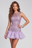 Sparkly Lilac Beaded Round Neck Short Homecoming Dress with Ruffles