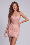 Sparkly Coral Bodycon Corset Floral Short Homecoming Dress with Sequins