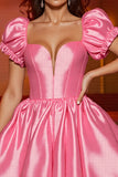 Pink Satin A Line Corset Puff Sleeves Short Homecoming Dress