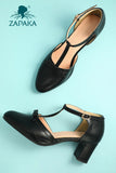 ZAPAKA Leather Black Chunky Heels