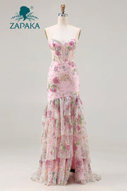 ZAPAKA Pink Mermaid Sequin Floral Tiered Long Prom Dress with Ruffle Slit