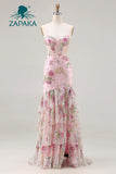 ZAPAKA Pink Mermaid Sequin Floral Tiered Long Prom Dress with Ruffle Slit