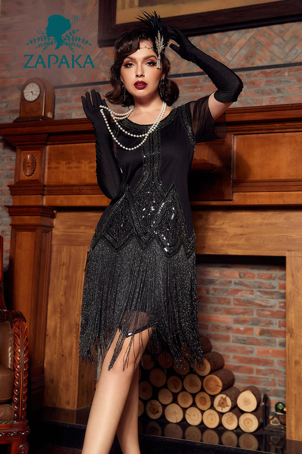 1920s dresses ZAPAKA Women Black 1920s Dress Luxurious Sequined Beaded Fringe Vintage Dress, Black / L