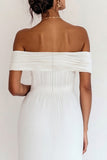 A Line Off the Shoulder White Cotton Pleated Graduation Dress