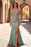 Light Green 3D Floral Appliques Corset Sheer Ruched Satin Rhinestone Long Prom Dress with Slit