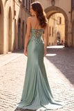 Light Green 3D Floral Appliques Corset Sheer Ruched Satin Rhinestone Long Prom Dress with Slit