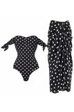 Off the Shoulder 2 Piece Black White Dots Swimsuit with Cover Up Skirt
