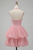 Pink Halter Neck Ruffled A-Line Short Homecoming Dress