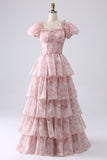 Blush A Line Square Neck Tiered Prom Dress with Ruffles