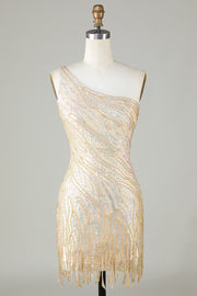 Sparkly Sheath One Shoulder Golden Sequins Short Homecoming Dress with Tassel