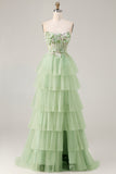Strapless Green A Line Corset Tiered Ruffle Tulle Long Prom Dress with Slit