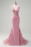 Mermaid Taro V-Neck Ruched Long Prom Dress with Appliqued 3D Flowers