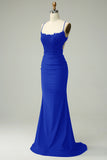 Trendy Mermaid Halter Neck Royal Blue Long Prom Dress with Appliques Beading