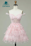 ZAPAKA Cute A Line Off the Shoulder Pink Corset Homecoming Dress with Lace