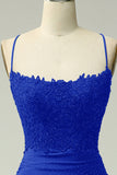 Trendy Mermaid Halter Neck Royal Blue Long Prom Dress with Appliques Beading