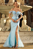 Blue Mermaid Off The Shoulder Beaded Long Prom Dress with Slit