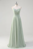 Matcha A Line Strapless Ruched Chiffon Long Bridesmaid Dress