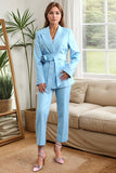 Blue Peak Lapel 2 Piece Women's Suits with Belt