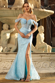 Blue Off The Shoulder Mermaid Beaded Long Prom Dress with Slit