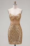 Sparkly Golden Bodycon Sweetheart Sheer Corset Sequins Homecoming Dress