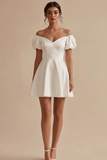 White Puff Sleeves Off the Shoulder Short A Line Graduation Dress