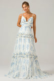 White Blue Flower A Line Long Tulle Bridesmaid Dress with Ruffles