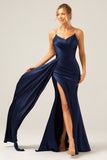 Navy Mermaid Ruched Long Prom Dress With Slit