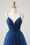 Navy A Line Spaghetti Straps Tulle Lace- Up Back Homecoming Dress