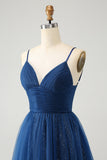 Navy A Line Spaghetti Straps Tulle Lace- Up Back Homecoming Dress