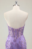 Purple Mermaid Corset Strapless Long Prom Dress with Appliques