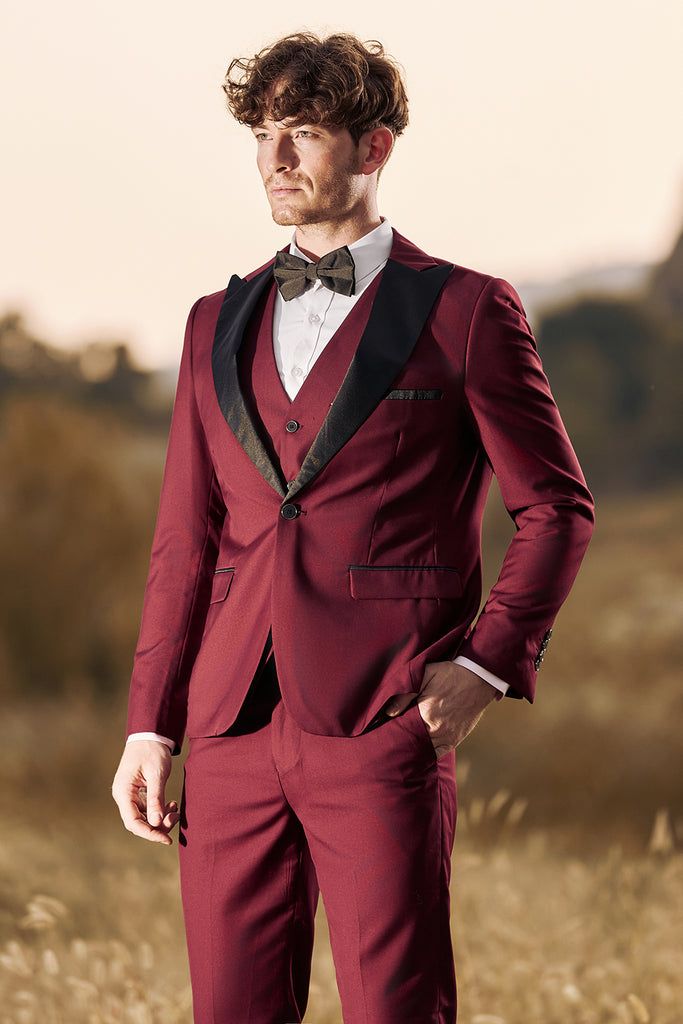 Zapaka Men's Burgundy Prom Suits 3 Pieces Peak Lapel Wedding Suits ZAPAKA