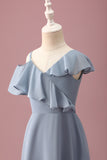 Grey Blue V-Neck A-Line Chiffon High Low Junior Bridesmaid Dress