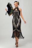 Bodycon Halter Black Golden Sequin 1920s Dress With Fringes
