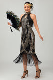 Bodycon Halter Black Golden Sequin 1920s Dress With Fringes