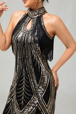 Bodycon Halter Black Golden Sequin 1920s Dress With Fringes