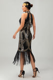 Bodycon Halter Black Golden Sequin 1920s Dress With Fringes