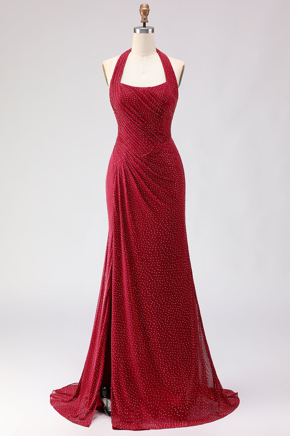 Zapaka Women Dark Red Long Prom Dress with Slit Mermaid Halter Beaded Ruched Satin Party Dress with Lace Up Back, Dark Red / US6 Zapaka Women Dark Red Long Prom Dress with Slit Mermaid Halter Beaded Ruched Satin Party Dress with Lace Up Back, Dark Red / US6