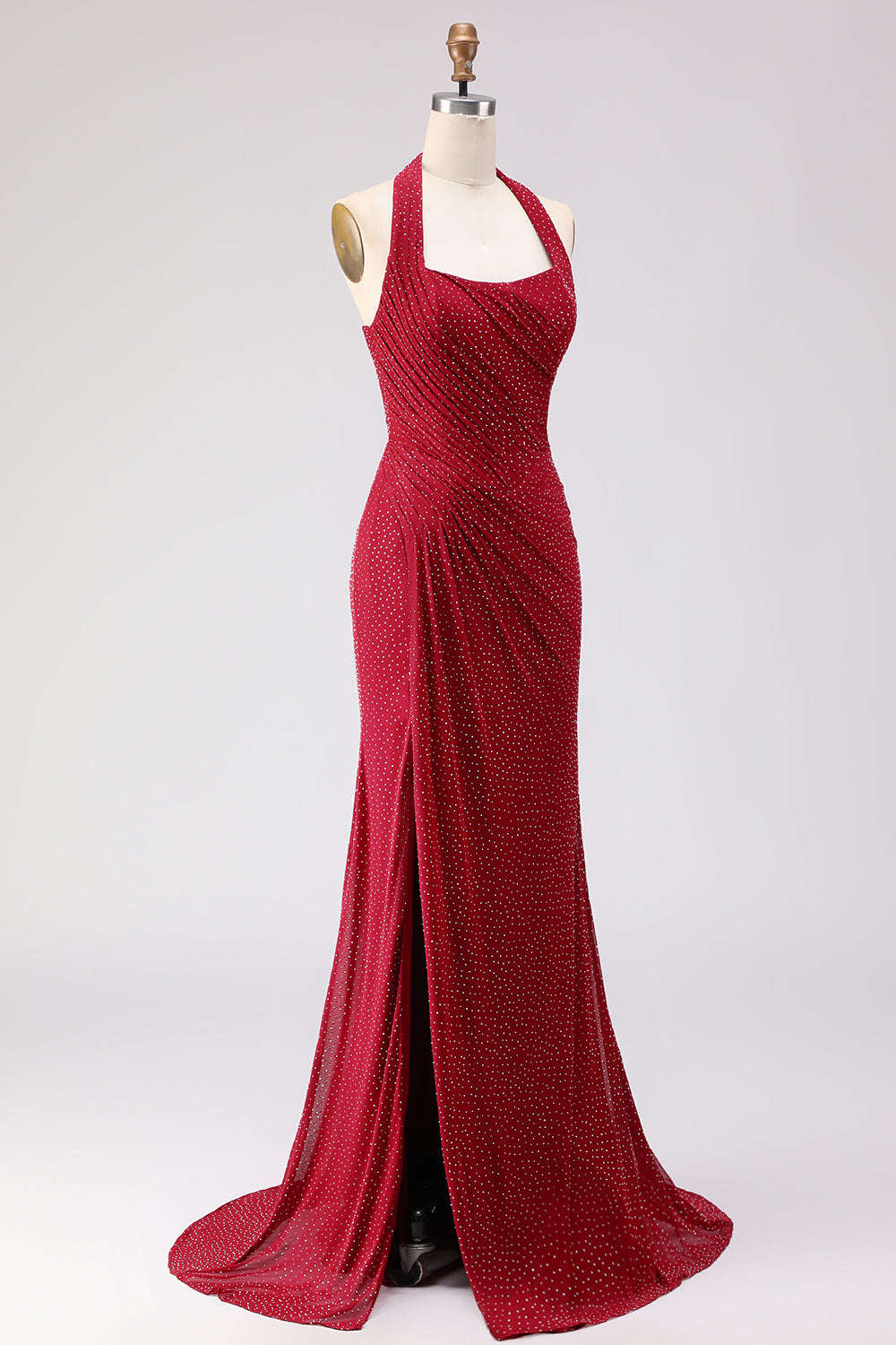 Zapaka Women Dark Red Long Prom Dress with Slit Mermaid Halter Beaded Ruched Satin Party Dress with Lace Up Back, Dark Red / US6