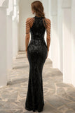 Black Halter Sequins Mermaid Long Choir Dress
