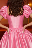 Pink Satin A Line Corset Puff Sleeves Short Homecoming Dress